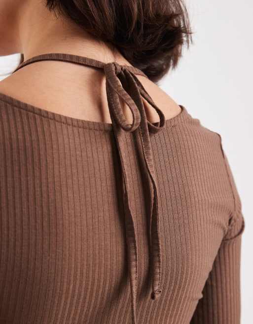 Cárdigan marrón chocolate de canalé con diseño 2 en 1 de top de Miss Selfridge, 3 de 4