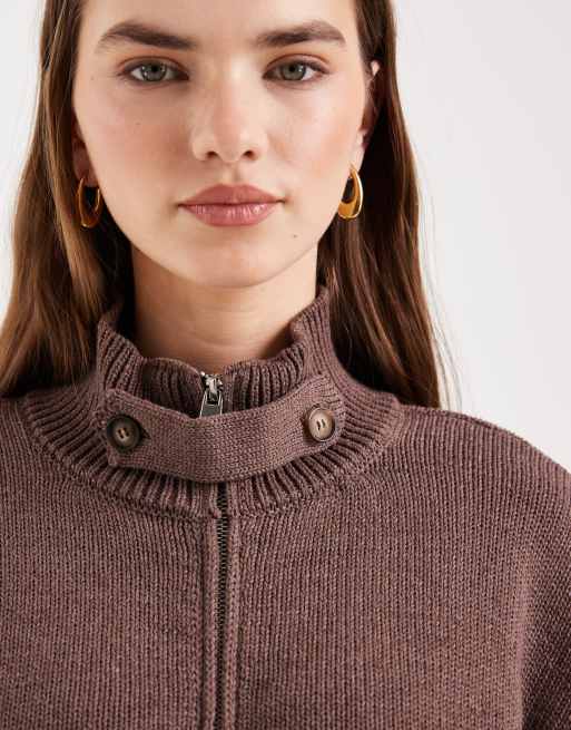Cárdigan marrón con cuello alzado y cremallera de punto de ASOS DESIGN, 3 de 4