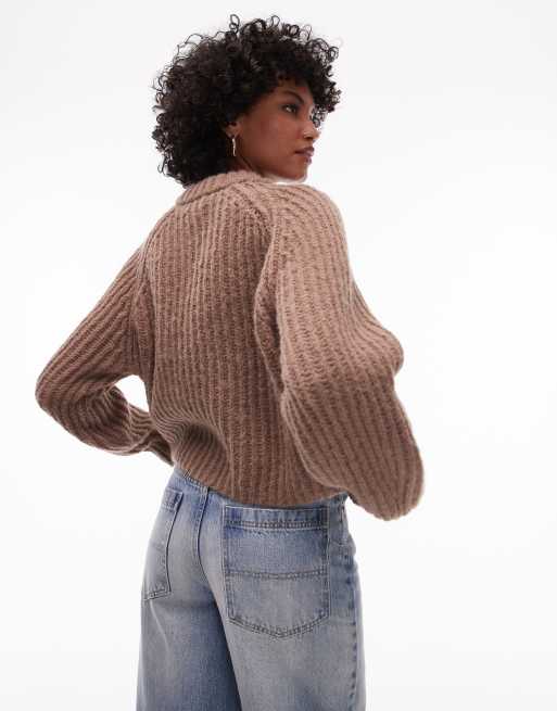 Cárdigan marrón con cuello redondo de punto grueso de Topshop, 2 de 4
