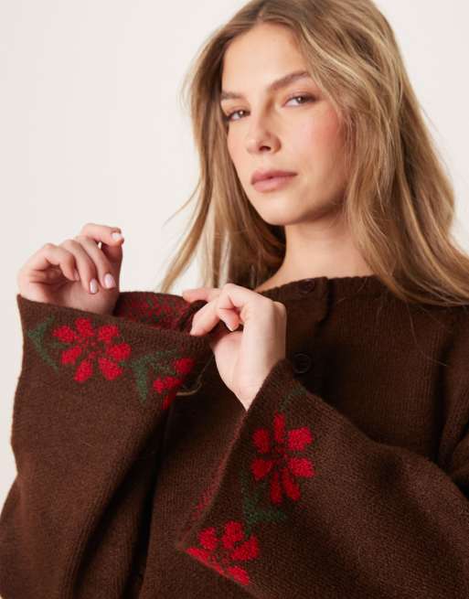 Cárdigan marrón con puños anchos y diseño floral de punto de ASOS DESIGN, 3 de 4