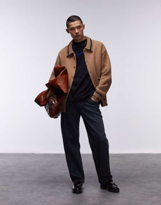 Cárdigan marrón con ribetes y solapas de punto grueso cepillado de Topman, 5 de 6