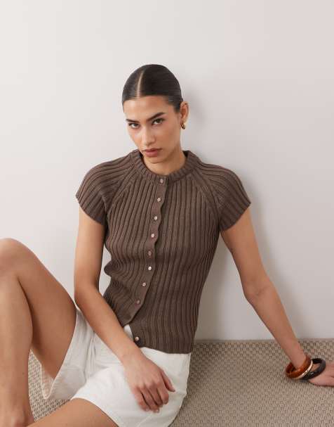 Cárdigan marrón moldeado con mangas de casquillo de punto fino de ASOS DESIGN - view 1