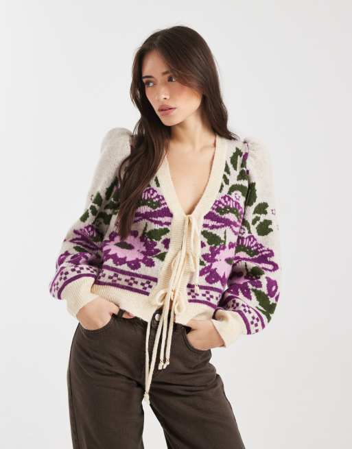 Cárdigan multicolor con estampado floral, mangas abullonadas y lazada delantera de Miss Selfridge