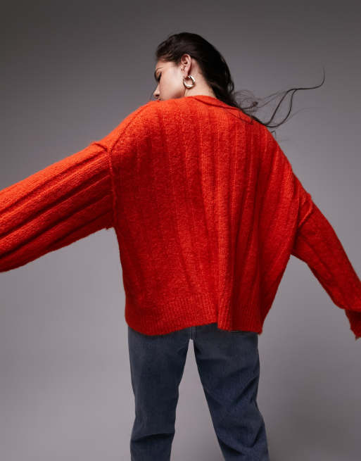Cárdigan naranja con cuello de pico de punto mullido de canalé ancho de Topshop, 2 de 4