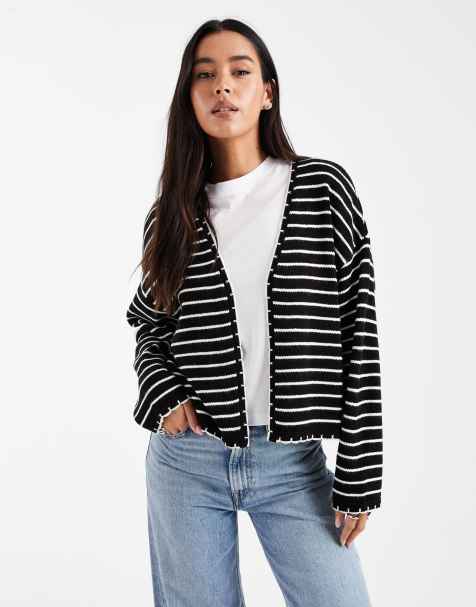 Cárdigan negro a rayas blancas con ribetes de punto festón de Miss Selfridge - view 1
