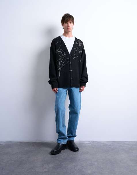 Cárdigan negro con bordado floral de punto de Topman - view 1