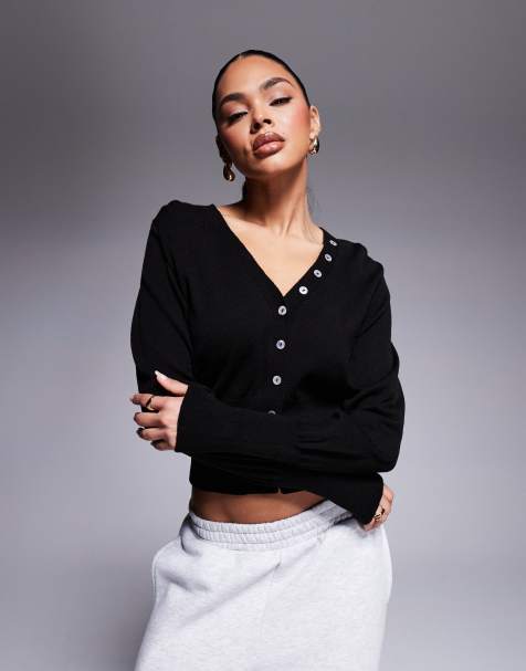 Cárdigan negro con cintura entallada y botones de concha sintéticos de punto de ASOS DESIGN - view 1