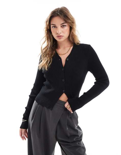 Cárdigan negro con cuello de pico de canalé de ASOS DESIGN - view 1