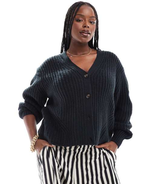 Cárdigan negro con cuello de pico de canalé mullido de ASOS DESIGN Curve - view 1