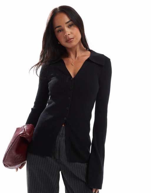 Cárdigan negro con cuello de pico y solapas de canalé de ASOS DESIGN