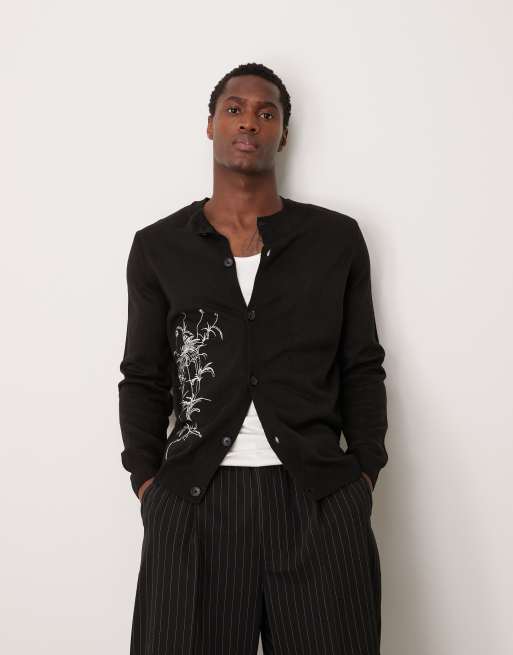 Cárdigan negro con cuello redondo y patrón bordado de margarita de punto de ASOS DESIGN
