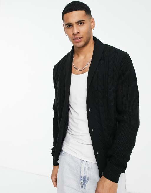 Cárdigan negro con cuello tipo esmoquin de punto de ochos de New Look