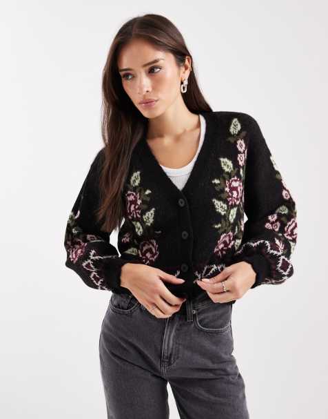 Cárdigan negro con diseño floral y cuello de pico de New Look - view 1