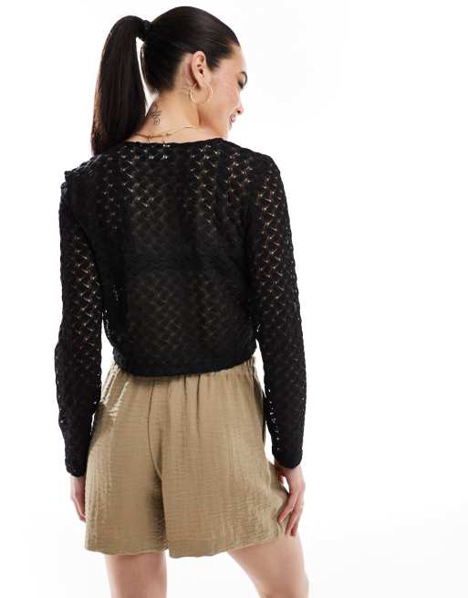 Cárdigan negro con lazada delantera de croché elástico de Vila, 4 de 4