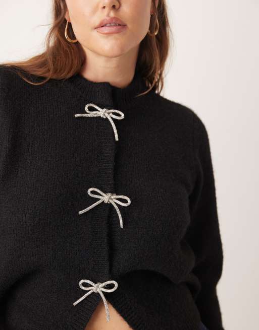 Cárdigan negro con lazos delanteros de strass de ASOS DESIGN Curve, 3 de 4