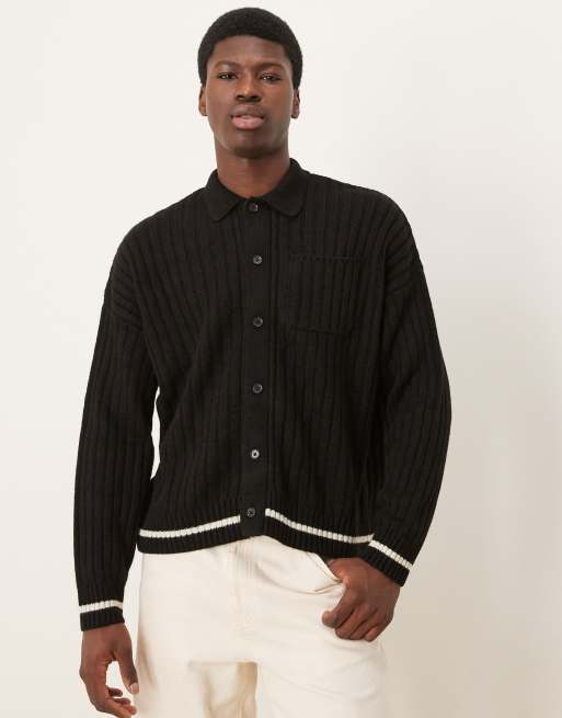 Cárdigan negro de corte cuadrado extragrande con solapas y ribetes color crema de punto de ASOS DESIGN