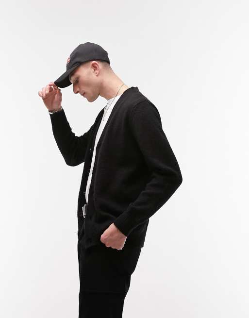 Cárdigan negro de punto cepillado de Topman