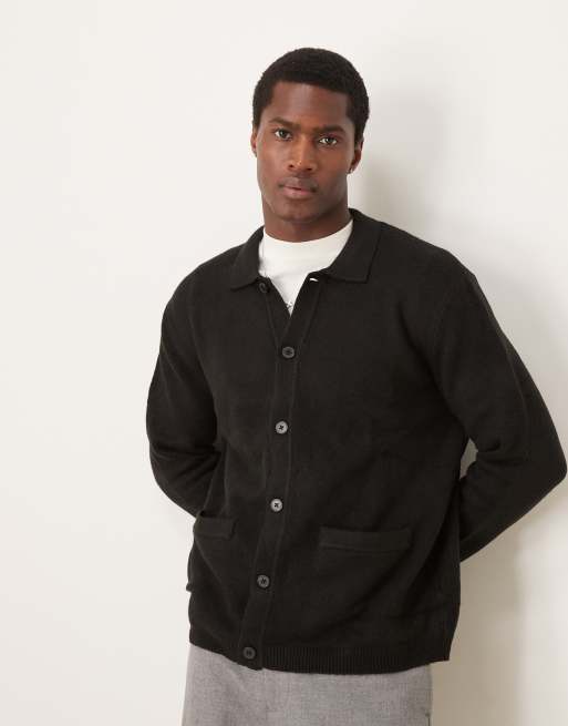 Cárdigan negro holgado con bolsillos delanteros y cuello tipo polo de punto de ASOS DESIGN