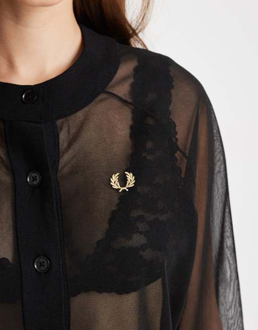 Cárdigan negro transparente con logo de punto de Fred Perry, 2 de 4