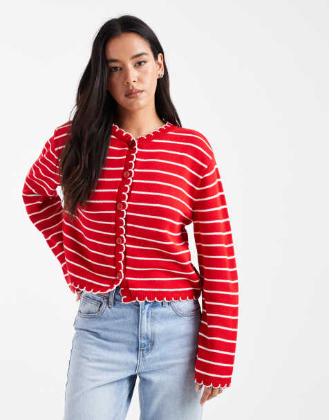 Cárdigan rojo a rayas con detalle de punto de festón de Miss Selfridge - view 1
