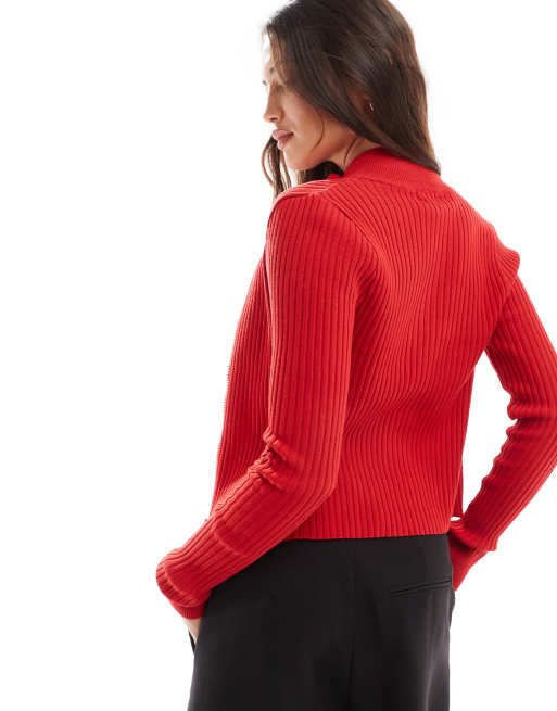 Cárdigan rojo cereza con cuello de solapas y cremallera doble de canalé de Cotton On, 4 de 4