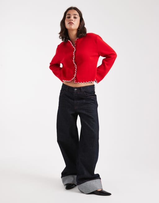 Cárdigan rojo con ribetes de punto festón de Miss Selfridge, 4 de 4