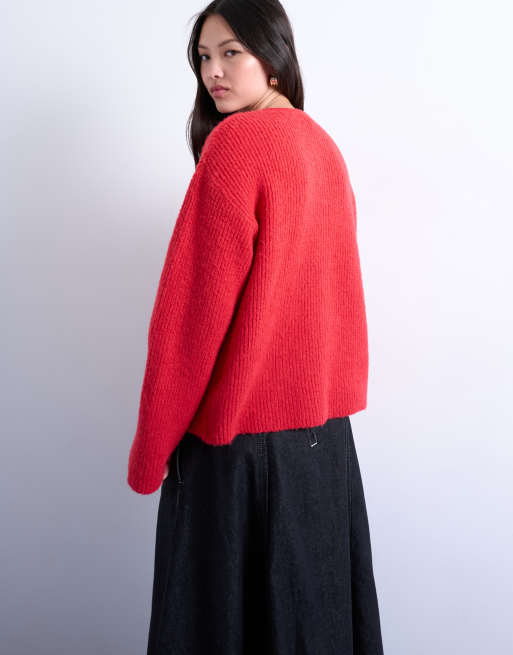 Cárdigan rojo holgado básico de canalé de Topshop, 4 de 4
