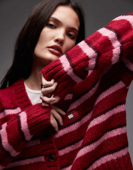 Cárdigan rojo y rosa a rayas con parche de punto mullido de Tommy Jeans, 3 de 4