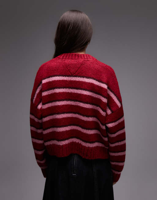Cárdigan rojo y rosa a rayas con parche de punto mullido de Tommy Jeans, 4 de 4