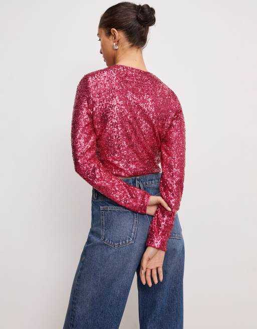 Cárdigan rosa con adornos de lentejuelas de algodón de Good American, 3 de 4