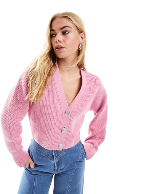 Cárdigan rosa con cuello de pico de mezcla de algodón y lana de & Other Stories