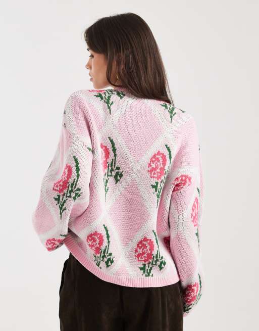Cárdigan rosa con patrón de flores y rombos de Miss Selfridge, 4 de 4