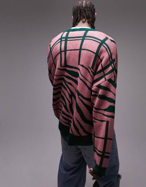 Cárdigan rosa extragrande con estampado mitad y mitad animal y a cuadros de punto de Topman, 2 de 4