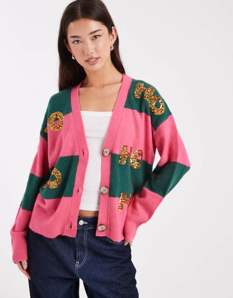 Cárdigan rosa y verde a rayas con diseño navideño y detalle de lentejuelas de Brave Soul - view 1