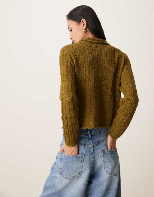 Cárdigan verde con cuello tipo polo de punto calado de JDY, 4 de 4