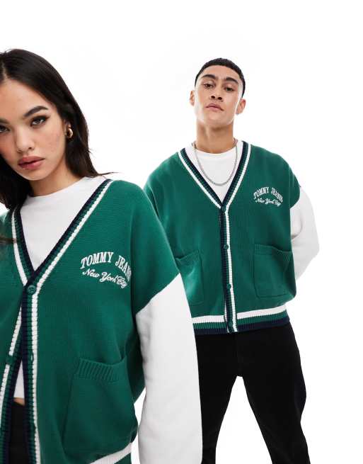 Cárdigan verde de corte cuadrado con diseño color block universitario de Tommy Jeans