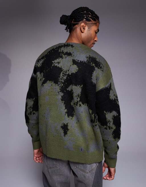 Cárdigan verde holgado con estampado abstracto y cuello de pico de punto de ASOS DESIGN, 3 de 5