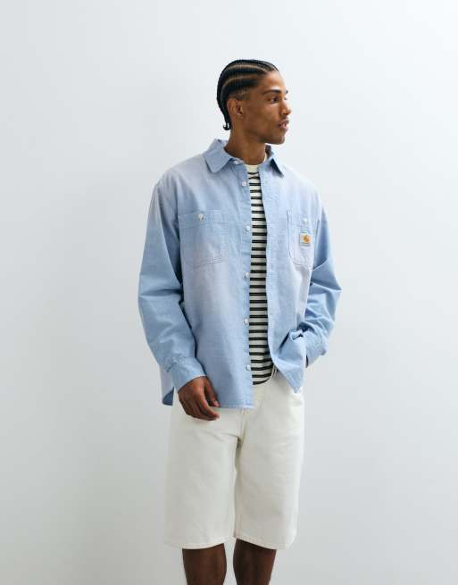 Carhartt long sleeve denim shirt with paint splatter effect in faded light blue wash, 4 of 5