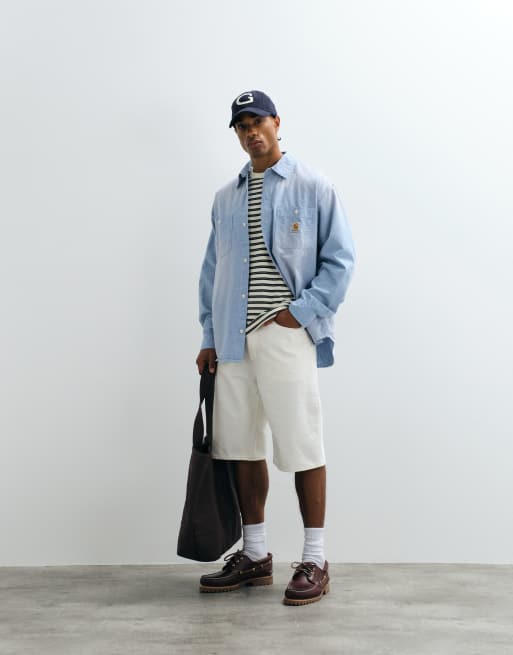 Carhartt long sleeve denim shirt with paint splatter effect in faded light blue wash, 5 of 5