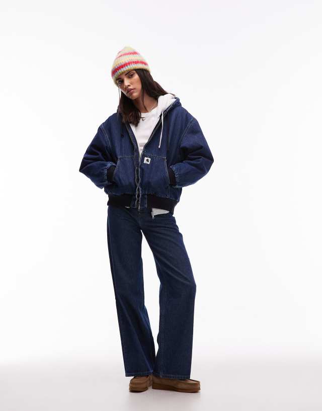 Carhartt WIP active OG fur lined jacket in midwash blue denim | ASOS