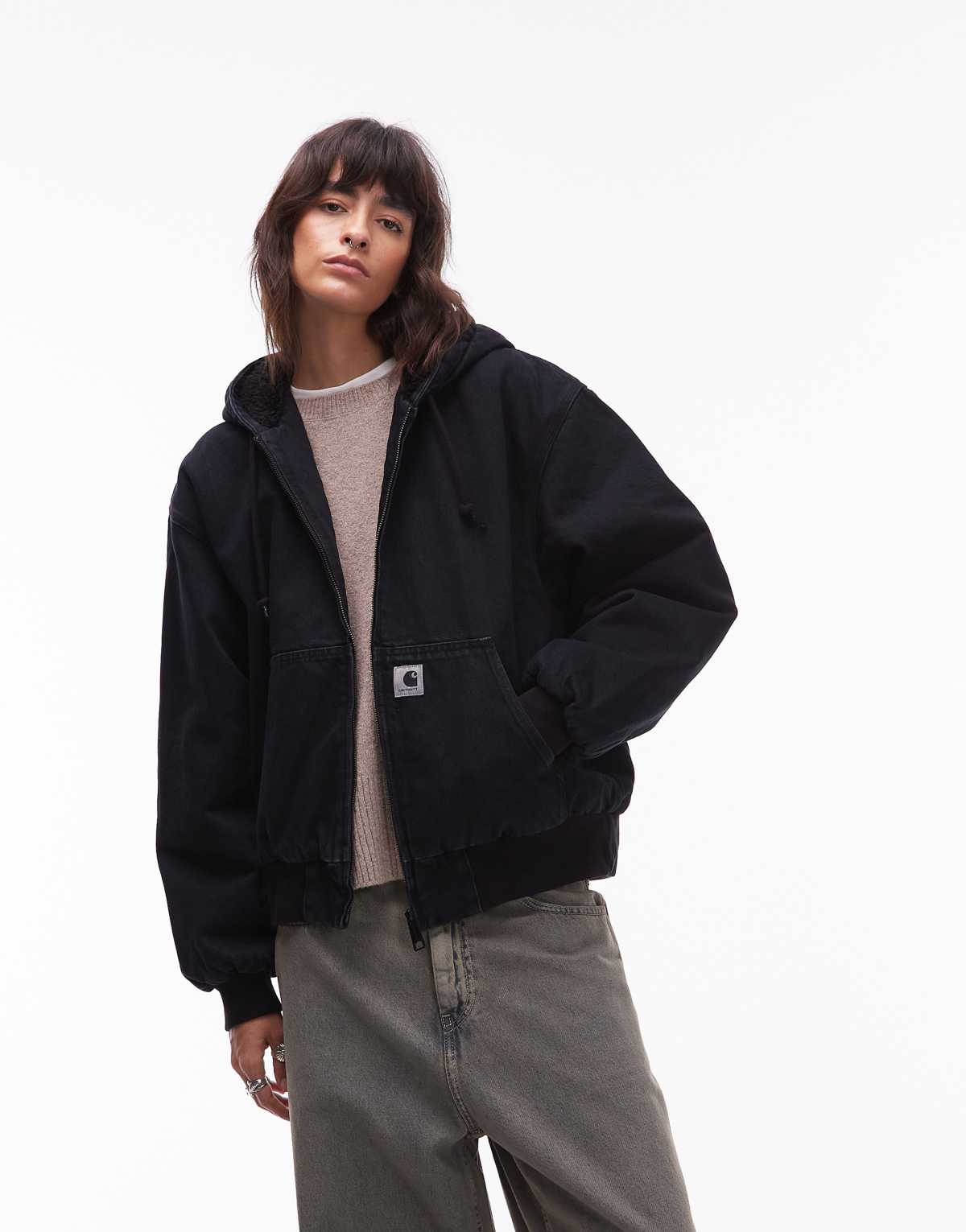 Carhartt WIP active OG fur lined jacket in overdyed dark navy denim