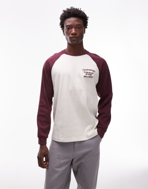 Carhartt WIP – Alston – Biało-bordowy T-shirt o luźnym kroju z długimi rękawami