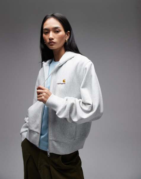 Carhartt WIP - American Script - Felpa color grigio mélange con cappuccio e zip - view 1