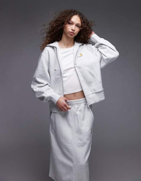 Carhartt WIP - American Script - Felpa con cappuccio grigio mélange con zip - view 1