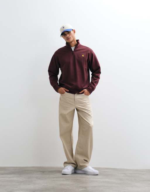 Carhartt WIP American Script half zip sweatshirt in dark burgundy, 3 of 5