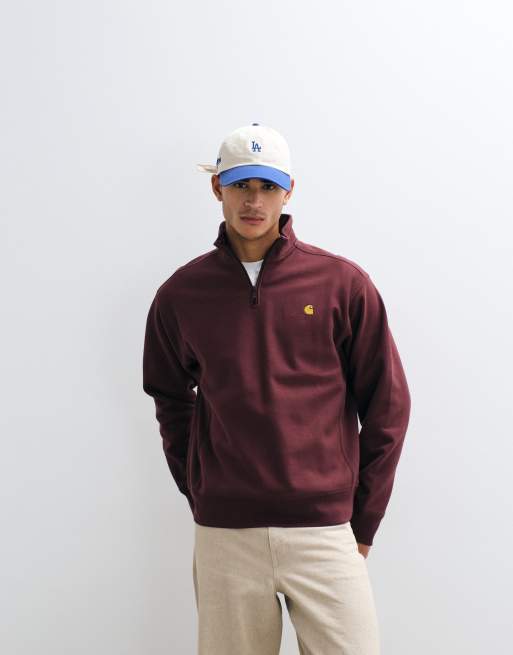 Carhartt WIP American Script half zip sweatshirt in dark burgundy, 4 of 5