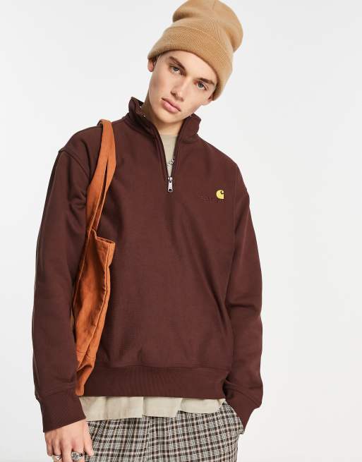 Carhartt WIP american script half zip sweatshirt in off brown | ASOS