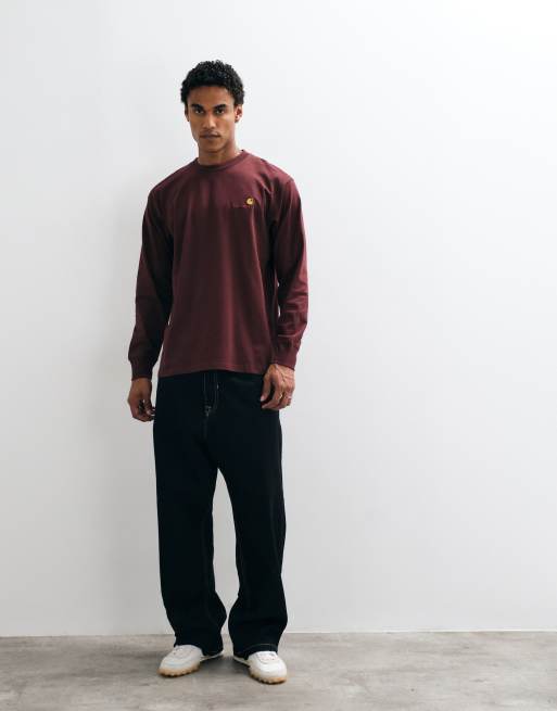 Carhartt WIP American Script long sleeve t-shirt in dark burgundy, 2 of 5