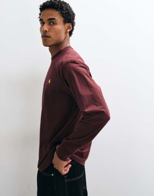 Carhartt WIP American Script long sleeve t-shirt in dark burgundy, 4 of 5