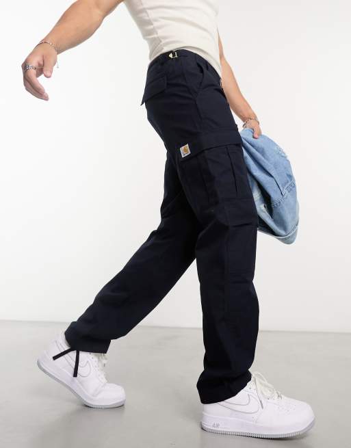 Carhartt WIP – Aviation – Schmal geschnittene Cargohose in Marineblau